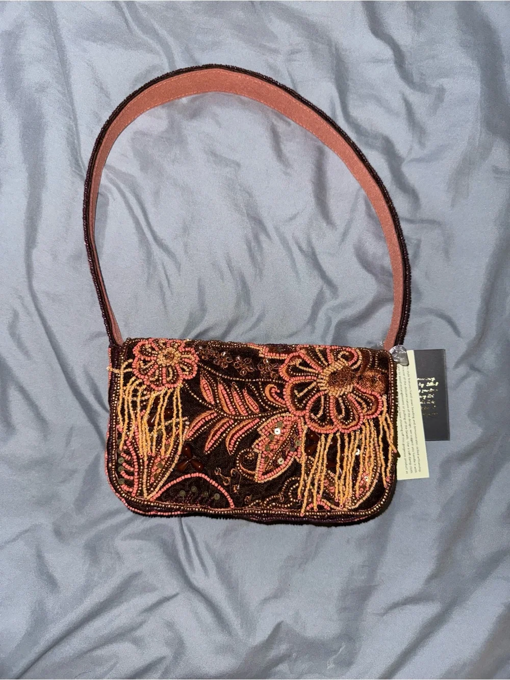 Maroon Beaded and Velvet Floral Shoulder Bag Handmade in India New with Tags